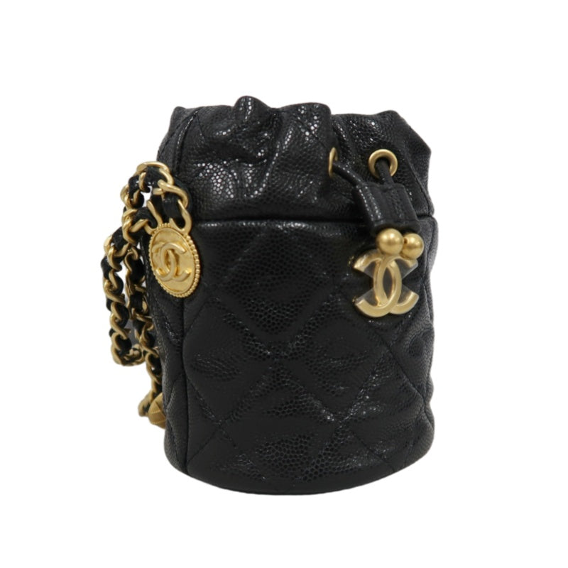 CHANEL Mini Coin Bucket Shoulder Bag Caviar Leather Black Vintage Gold Hardware
