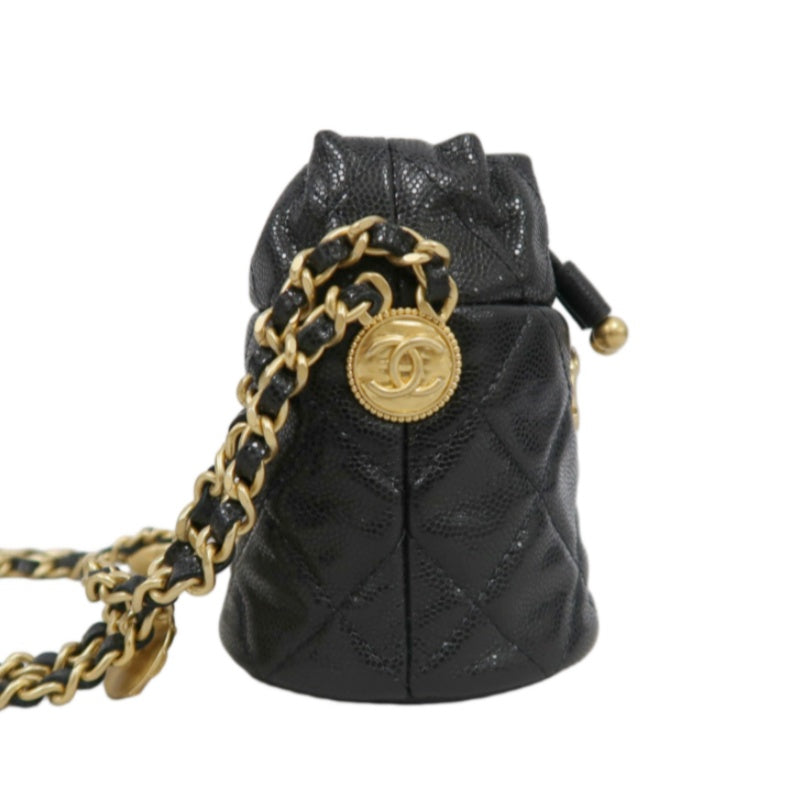 CHANEL Mini Coin Bucket Shoulder Bag Caviar Leather Black Vintage Gold Hardware