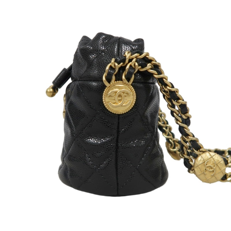 CHANEL Mini Coin Bucket Shoulder Bag Caviar Leather Black Vintage Gold Hardware