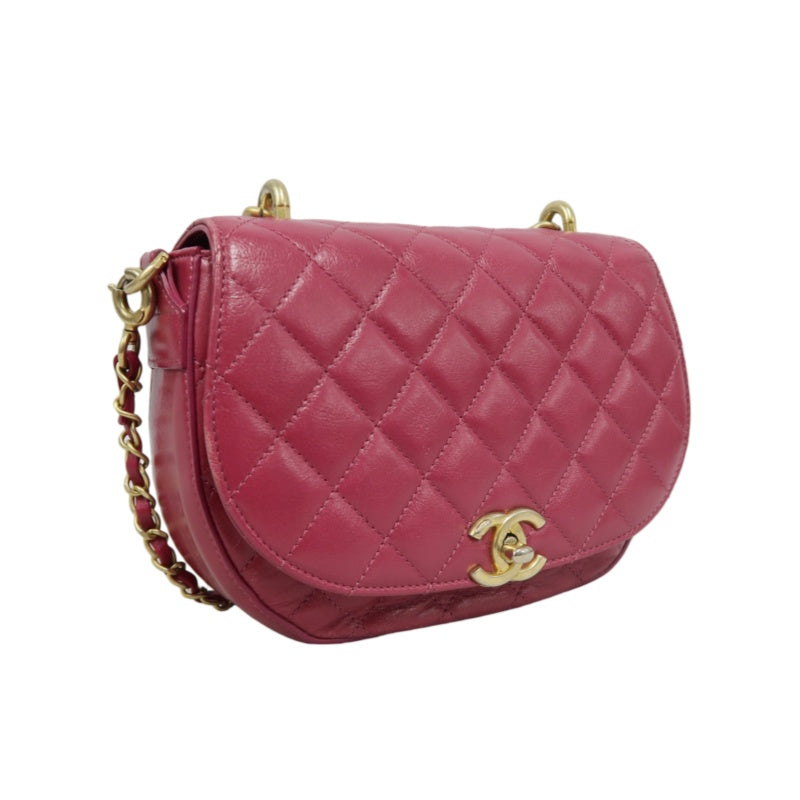 CHANEL Burgundy Red Glossy Lambskin Quilted Half Moon Flap Chain Crossbody Bag, Polished Gold Hardware