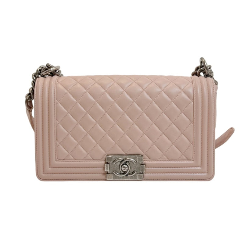 CHANEL Pink Lambskin Quilted Boy Chanel Chain Shoulder Crossbody Bag With Aged Silver Hardware