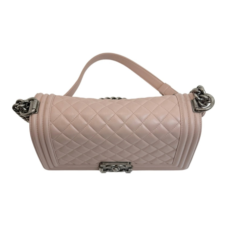 CHANEL Pink Lambskin Quilted Boy Chanel Chain Shoulder Crossbody Bag With Aged Silver Hardware