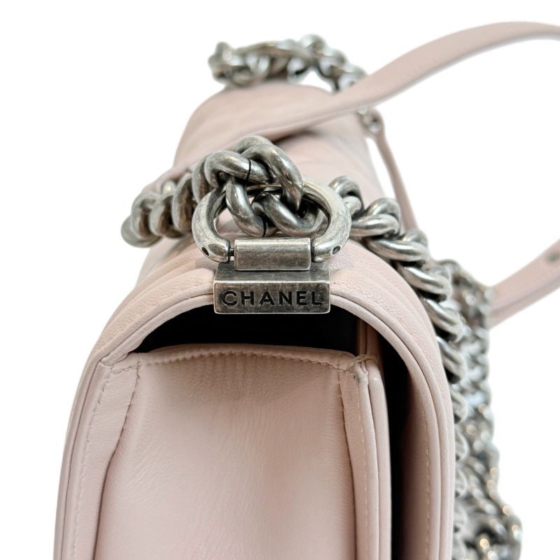CHANEL Pink Lambskin Quilted Boy Chanel Chain Shoulder Crossbody Bag With Aged Silver Hardware