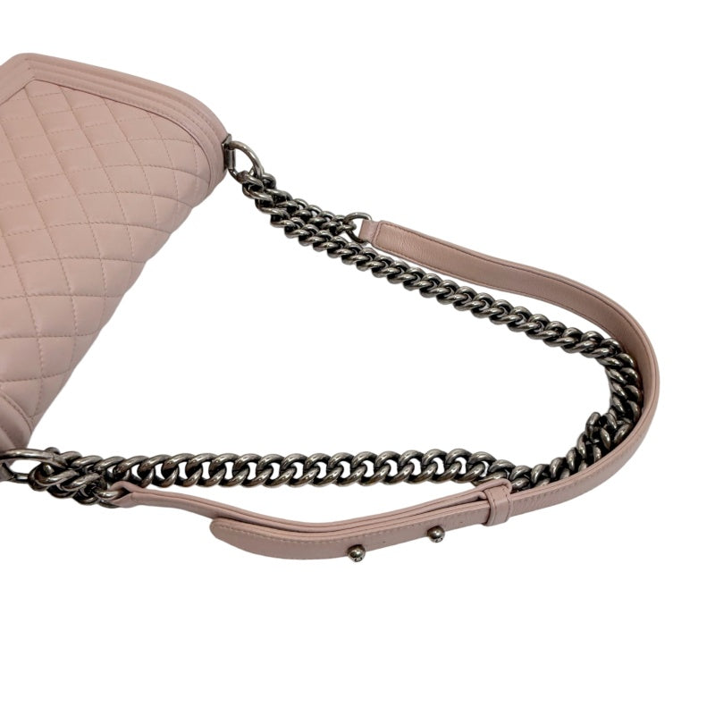 CHANEL Pink Lambskin Quilted Boy Chanel Chain Shoulder Crossbody Bag With Aged Silver Hardware