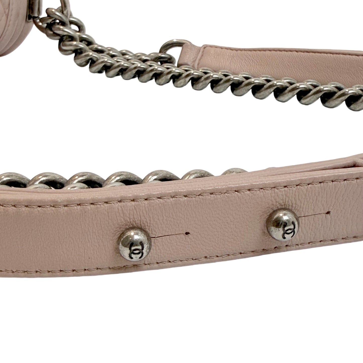 CHANEL Pink Lambskin Quilted Boy Chanel Chain Shoulder Crossbody Bag With Aged Silver Hardware