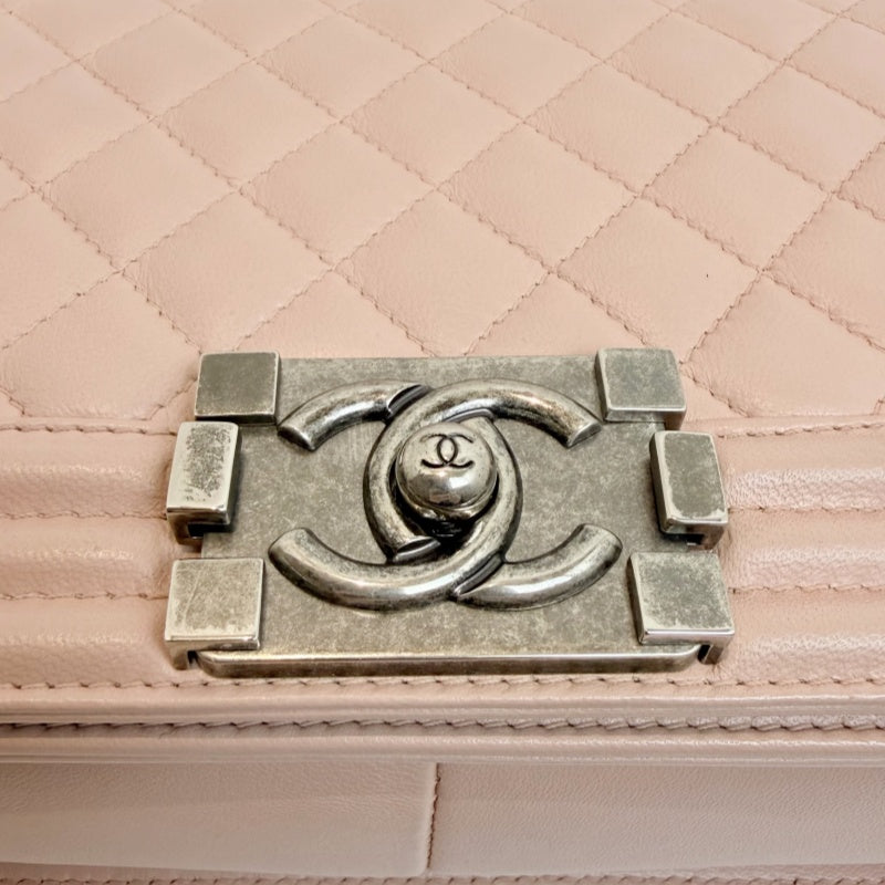CHANEL Pink Lambskin Quilted Boy Chanel Chain Shoulder Crossbody Bag With Aged Silver Hardware