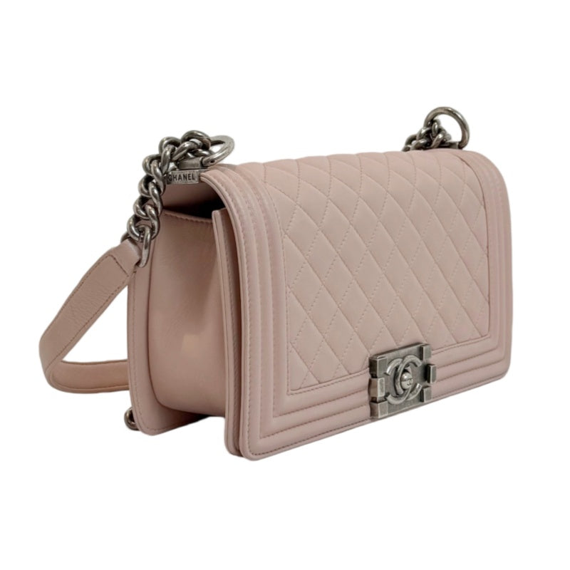 CHANEL Pink Lambskin Quilted Boy Chanel Chain Shoulder Crossbody Bag With Aged Silver Hardware