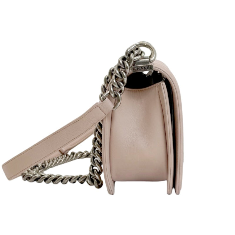 CHANEL Pink Lambskin Quilted Boy Chanel Chain Shoulder Crossbody Bag With Aged Silver Hardware