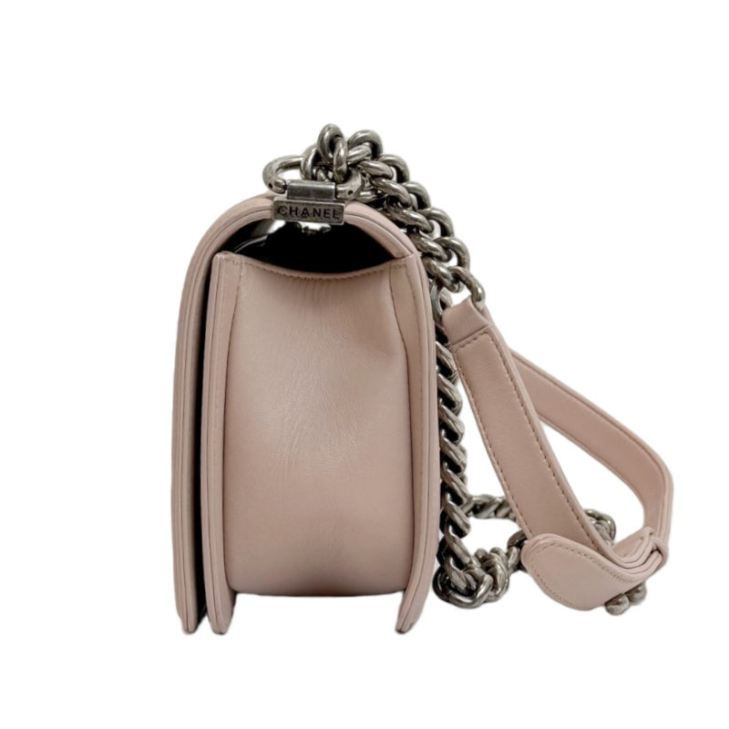 CHANEL Pink Lambskin Quilted Boy Chanel Chain Shoulder Crossbody Bag With Aged Silver Hardware