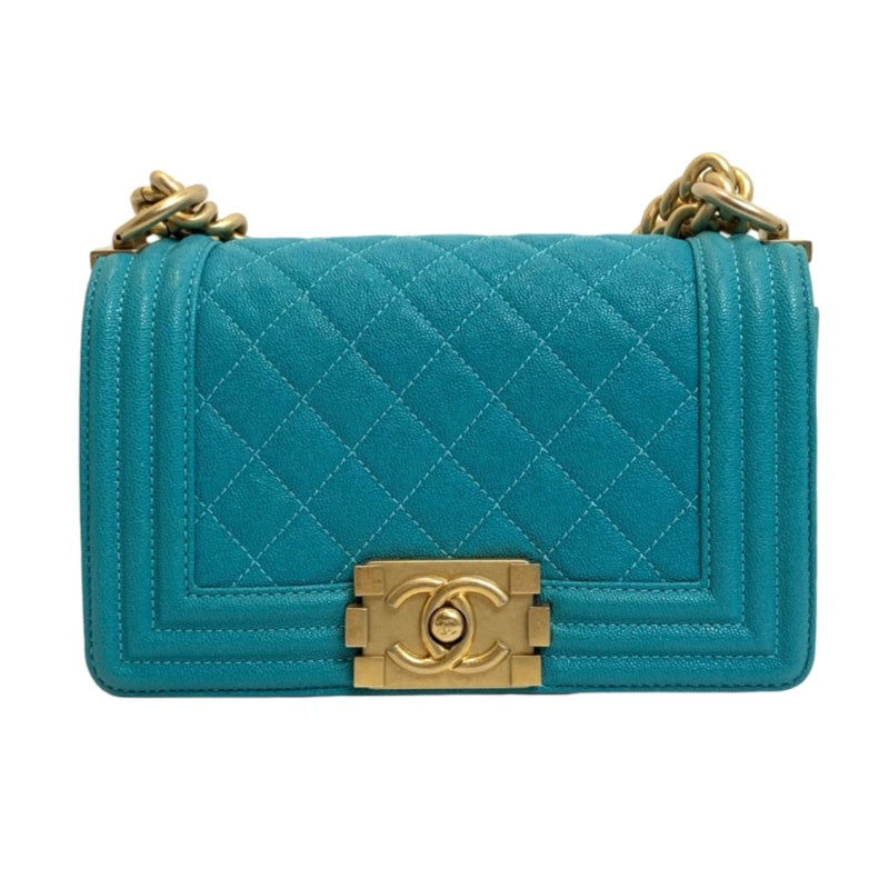 CHANEL Boy Matelasse Shoulder Bag Calfskin Turquoise Blue Gold Hardware