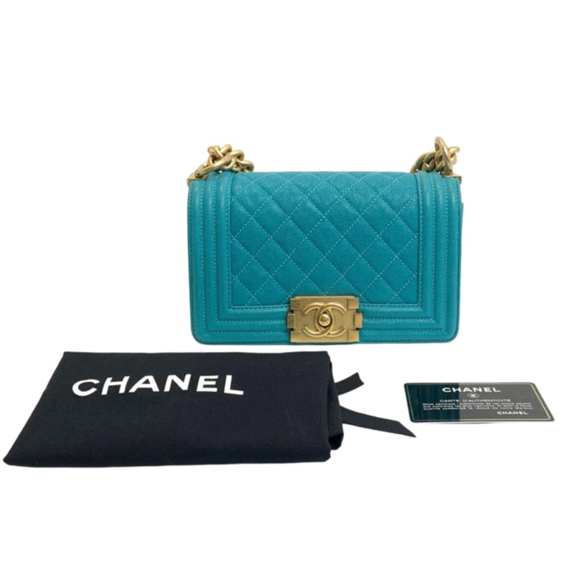 CHANEL Boy Matelasse Shoulder Bag Calfskin Turquoise Blue Gold Hardware
