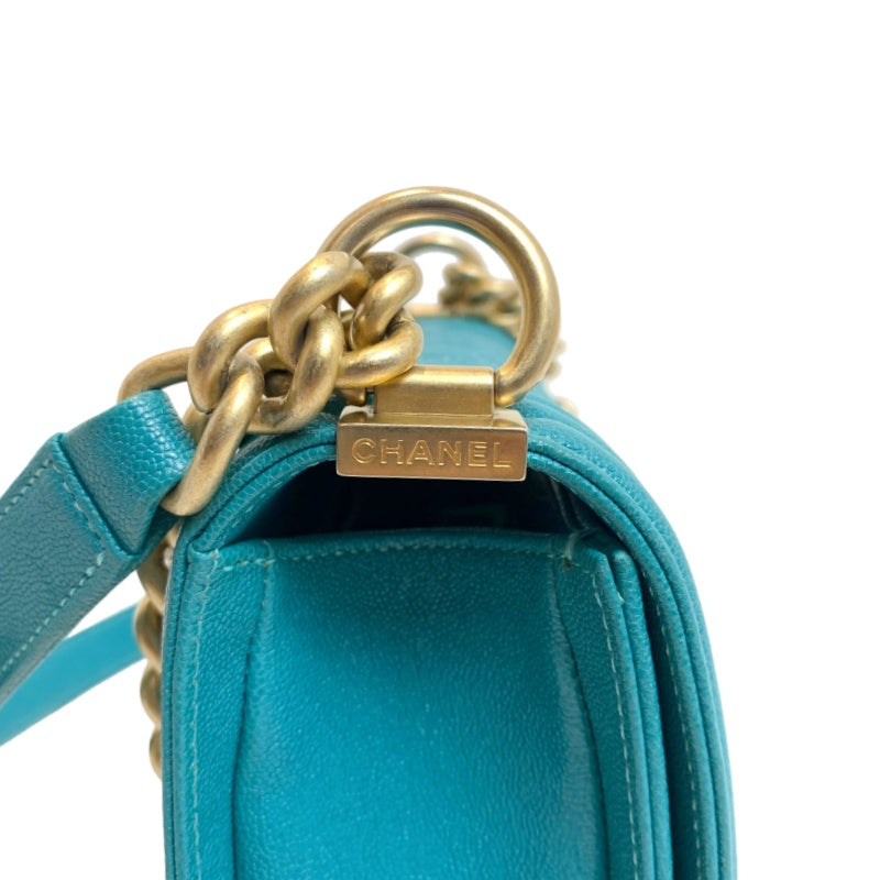 CHANEL Boy Matelasse Shoulder Bag Calfskin Turquoise Blue Gold Hardware