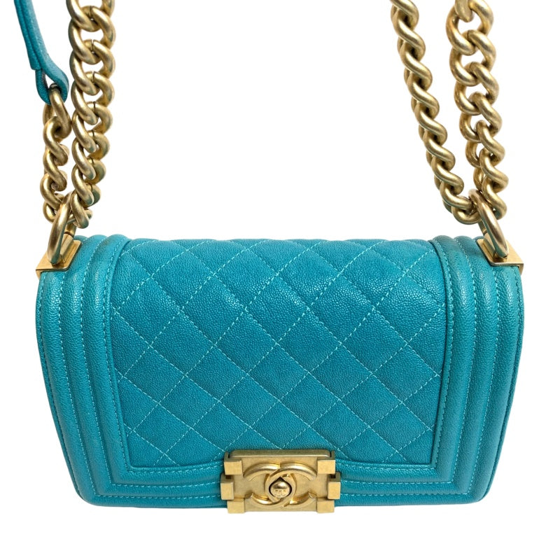 CHANEL Boy Matelasse Shoulder Bag Calfskin Turquoise Blue Gold Hardware