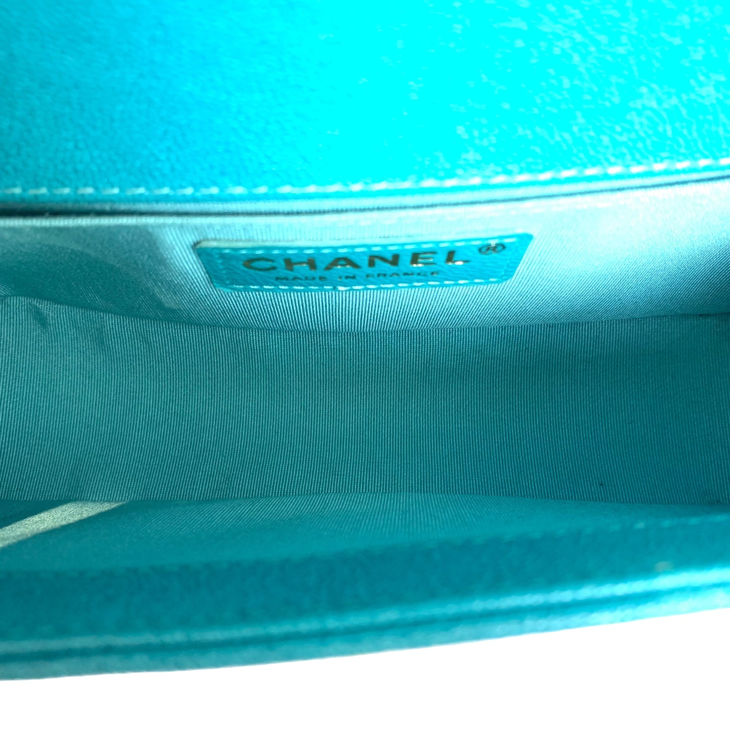 CHANEL Boy Matelasse Shoulder Bag Calfskin Turquoise Blue Gold Hardware