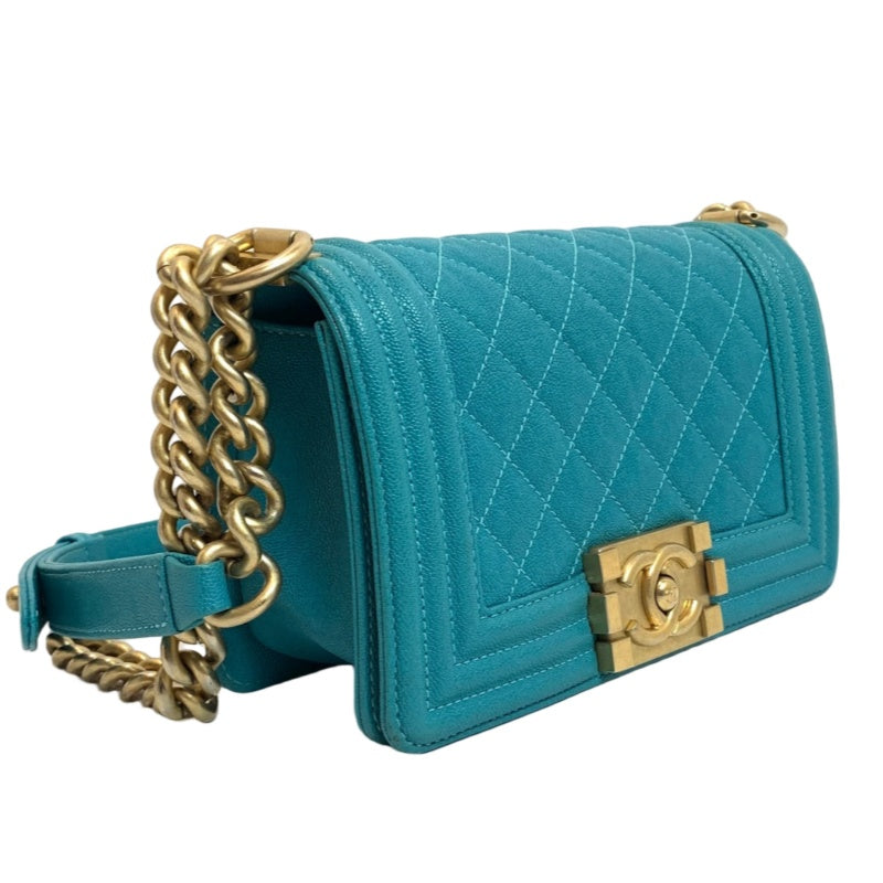 CHANEL Boy Matelasse Shoulder Bag Calfskin Turquoise Blue Gold Hardware