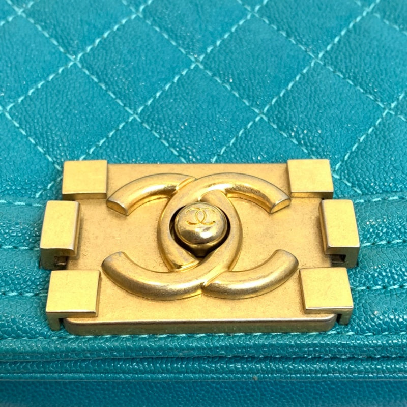 CHANEL Boy Matelasse Shoulder Bag Calfskin Turquoise Blue Gold Hardware