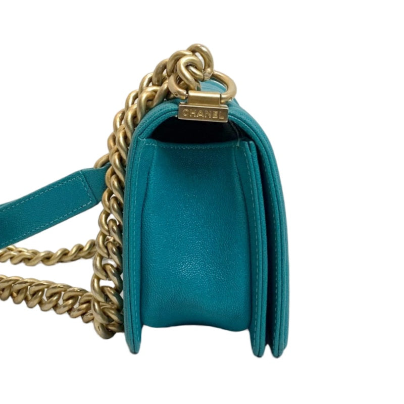 CHANEL Boy Matelasse Shoulder Bag Calfskin Turquoise Blue Gold Hardware