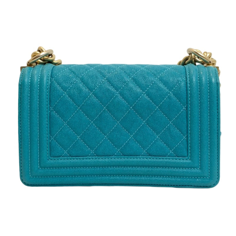CHANEL Boy Matelasse Shoulder Bag Calfskin Turquoise Blue Gold Hardware