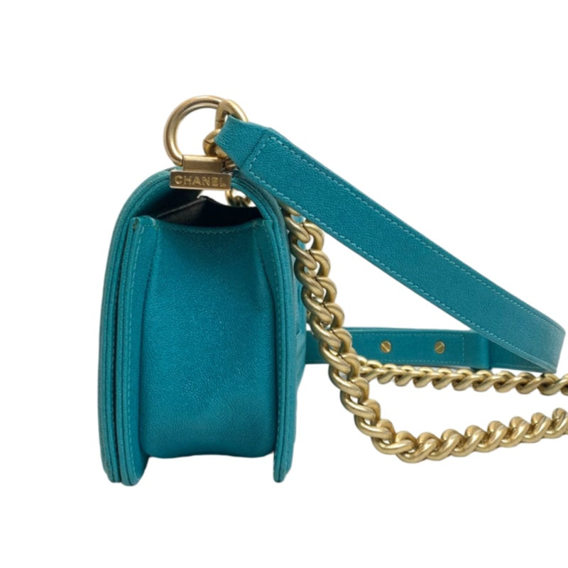 CHANEL Boy Matelasse Shoulder Bag Calfskin Turquoise Blue Gold Hardware