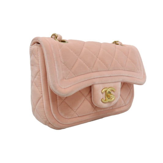 CHANEL Classic Flap Matelasse Shoulder Bag Velvet Pink Gold Hardware