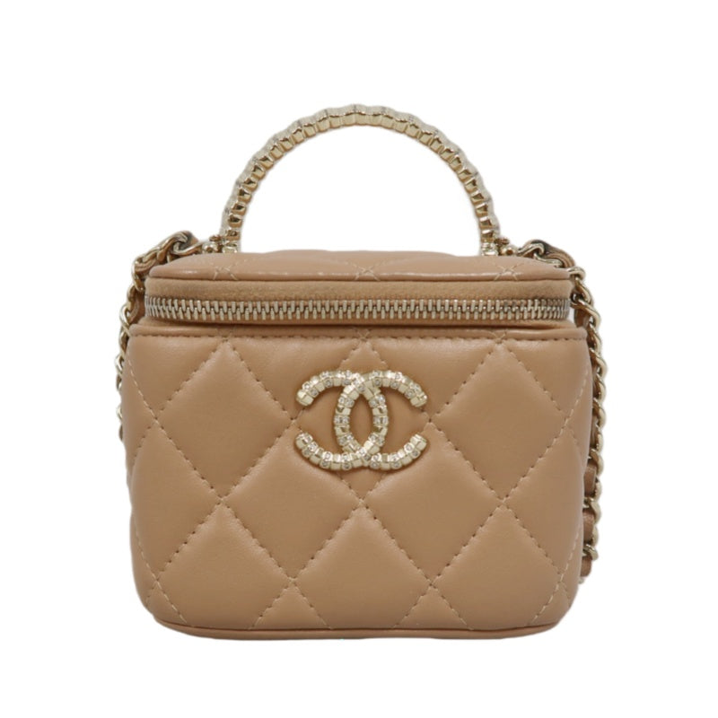 CHANEL Matelasse Small Vanity Shoulder Bag Lambskin Beige Gold Hardware