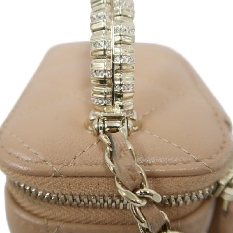 CHANEL Matelasse Small Vanity Shoulder Bag Lambskin Beige Gold Hardware