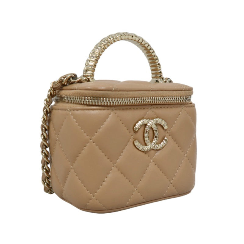 CHANEL Matelasse Small Vanity Shoulder Bag Lambskin Beige Gold Hardware