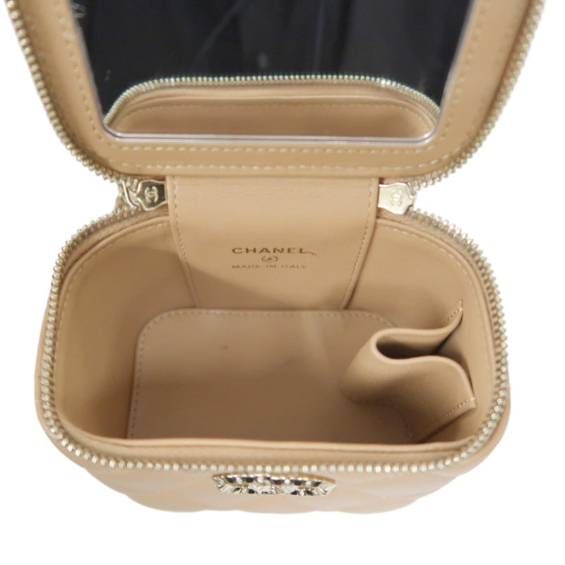 CHANEL Matelasse Small Vanity Shoulder Bag Lambskin Beige Gold Hardware