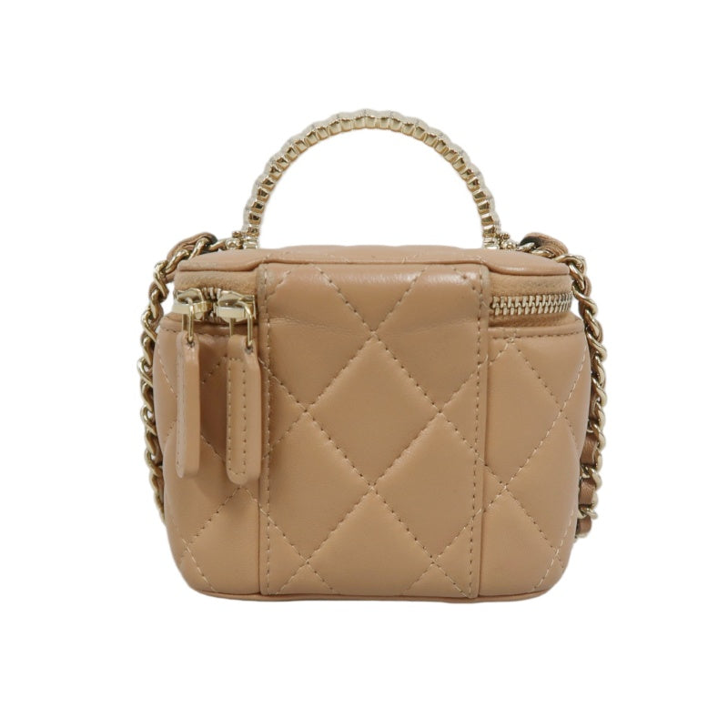 CHANEL Matelasse Small Vanity Shoulder Bag Lambskin Beige Gold Hardware
