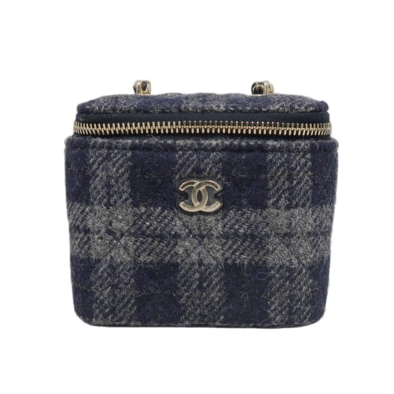 CHANEL Small Vanity Shoulder Bag Tweed Navy Blue Silver Hardware