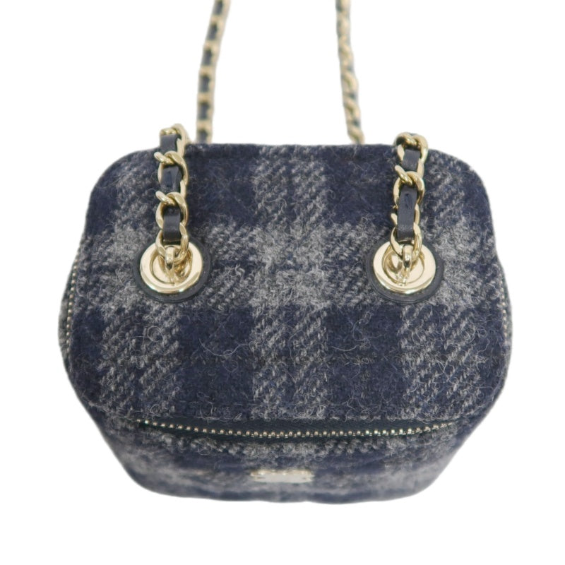 CHANEL Small Vanity Shoulder Bag Tweed Navy Blue Silver Hardware