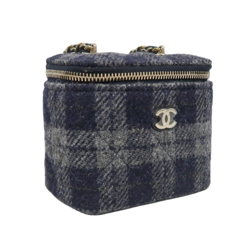CHANEL Small Vanity Shoulder Bag Tweed Navy Blue Silver Hardware