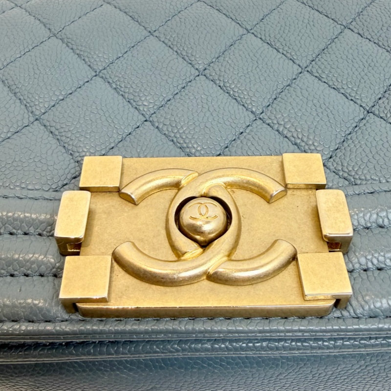 CHANEL Boy Matelasse Shoulder Bag Calfskin Navy Blue Gold Hardware