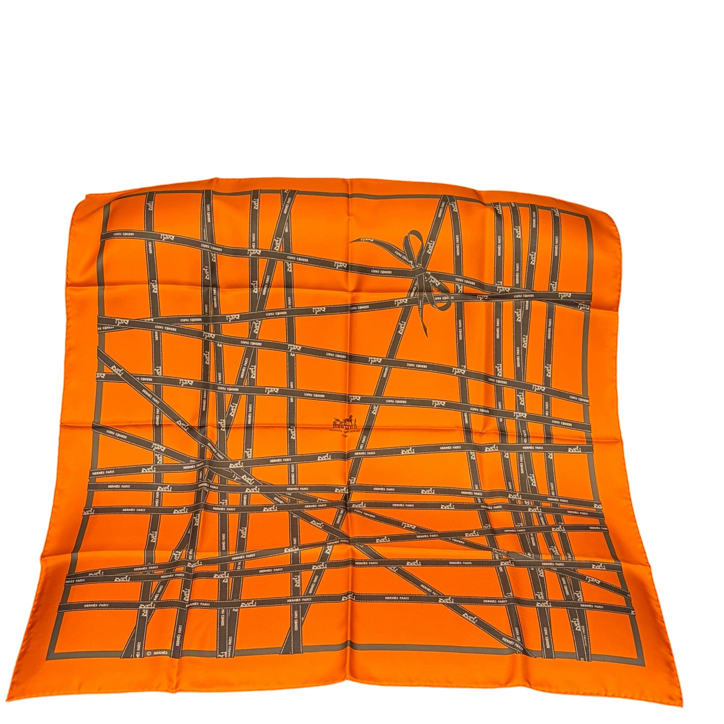 HERMES Paris Carré 90 Bolduc Ribbon Bow Print 100% Pure Silk Scarf Iconic Brand Orange Background Modern Minimalist Design Full Set Original Gift Box Timeless Luxury Accessory