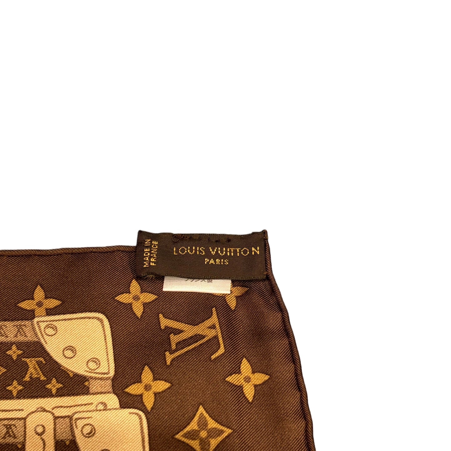 LOUIS VUITTON Monogram Trunk Luggage Full Print 100% Pure Silk Scarf Brown Classic LV Pattern Vintage Travel Theme Rare Collectible Accessory Included Original Gift Box