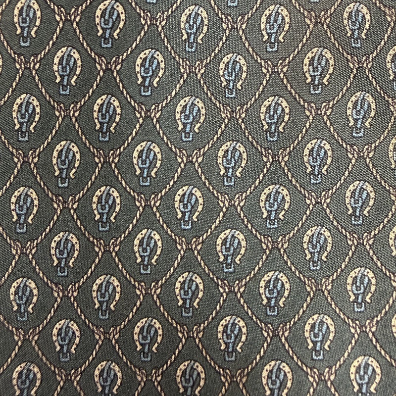 CELINE Silk Tie, Dark Green Base with Carriage Logo All-over Pattern