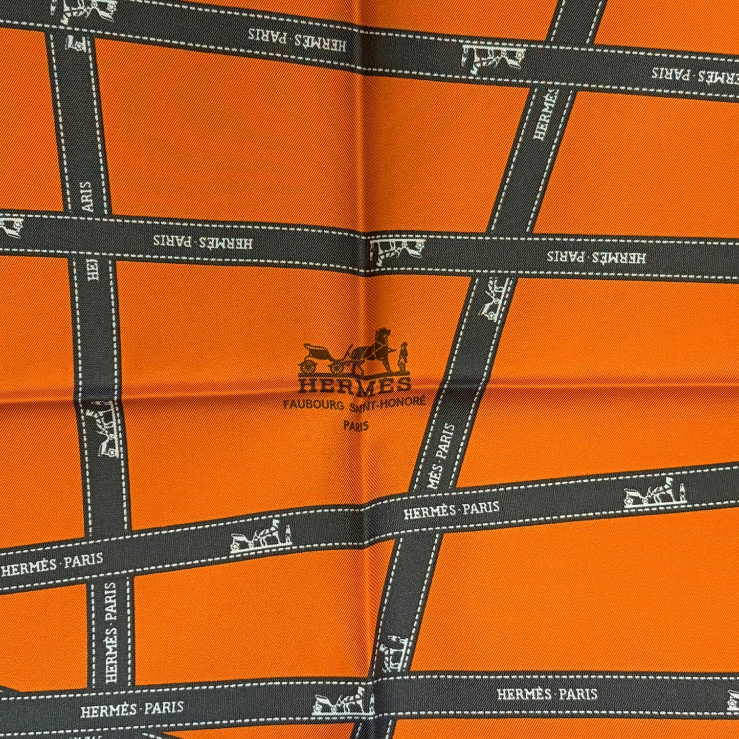 HERMES Paris Carré 90 Bolduc Ribbon Bow Print 100% Pure Silk Scarf Iconic Brand Orange Background Modern Minimalist Design Full Set Original Gift Box Timeless Luxury Accessory