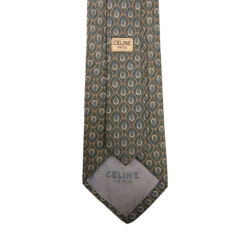 CELINE Silk Tie, Dark Green Base with Carriage Logo All-over Pattern