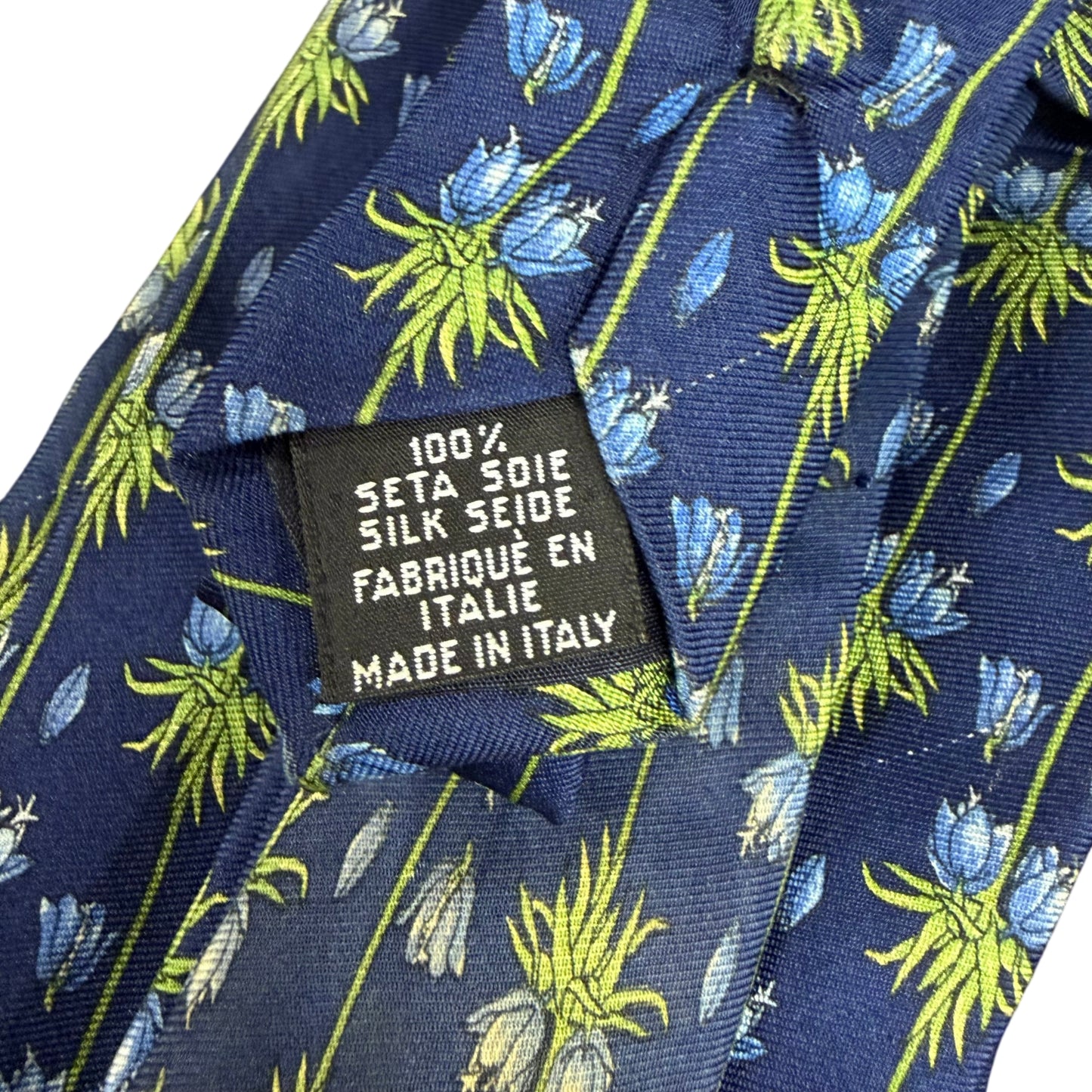 YSL  Floral Print Silk Tie Navy Blue
