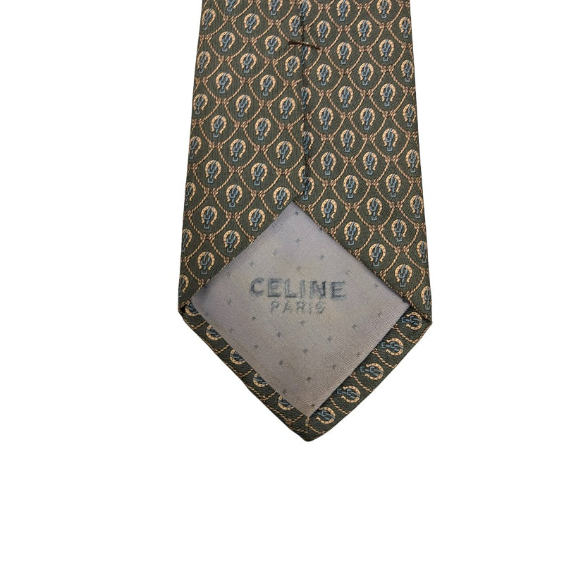 CELINE Silk Tie, Dark Green Base with Carriage Logo All-over Pattern