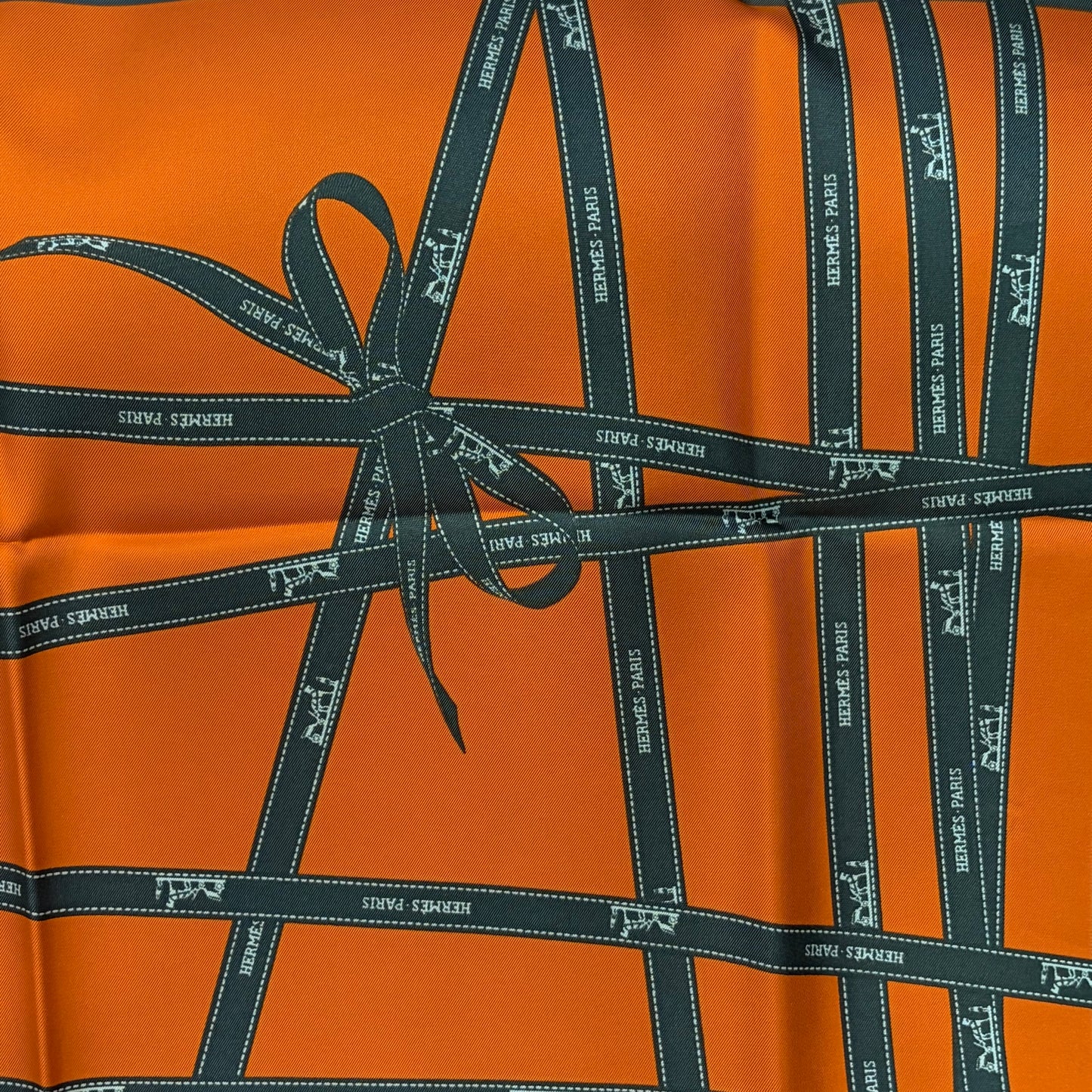 HERMES Paris Carré 90 Bolduc Ribbon Bow Print 100% Pure Silk Scarf Iconic Brand Orange Background Modern Minimalist Design Full Set Original Gift Box Timeless Luxury Accessory