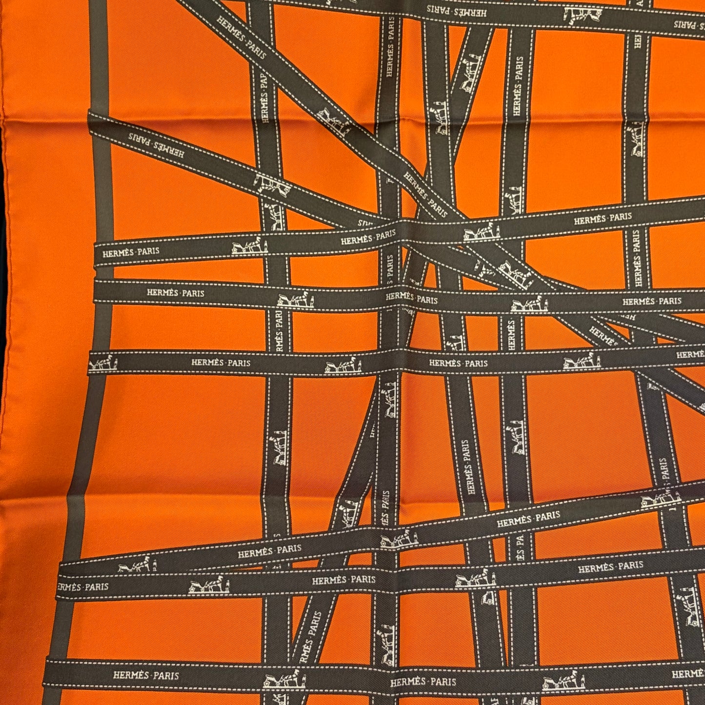 HERMES Paris Carré 90 Bolduc Ribbon Bow Print 100% Pure Silk Scarf Iconic Brand Orange Background Modern Minimalist Design Full Set Original Gift Box Timeless Luxury Accessory