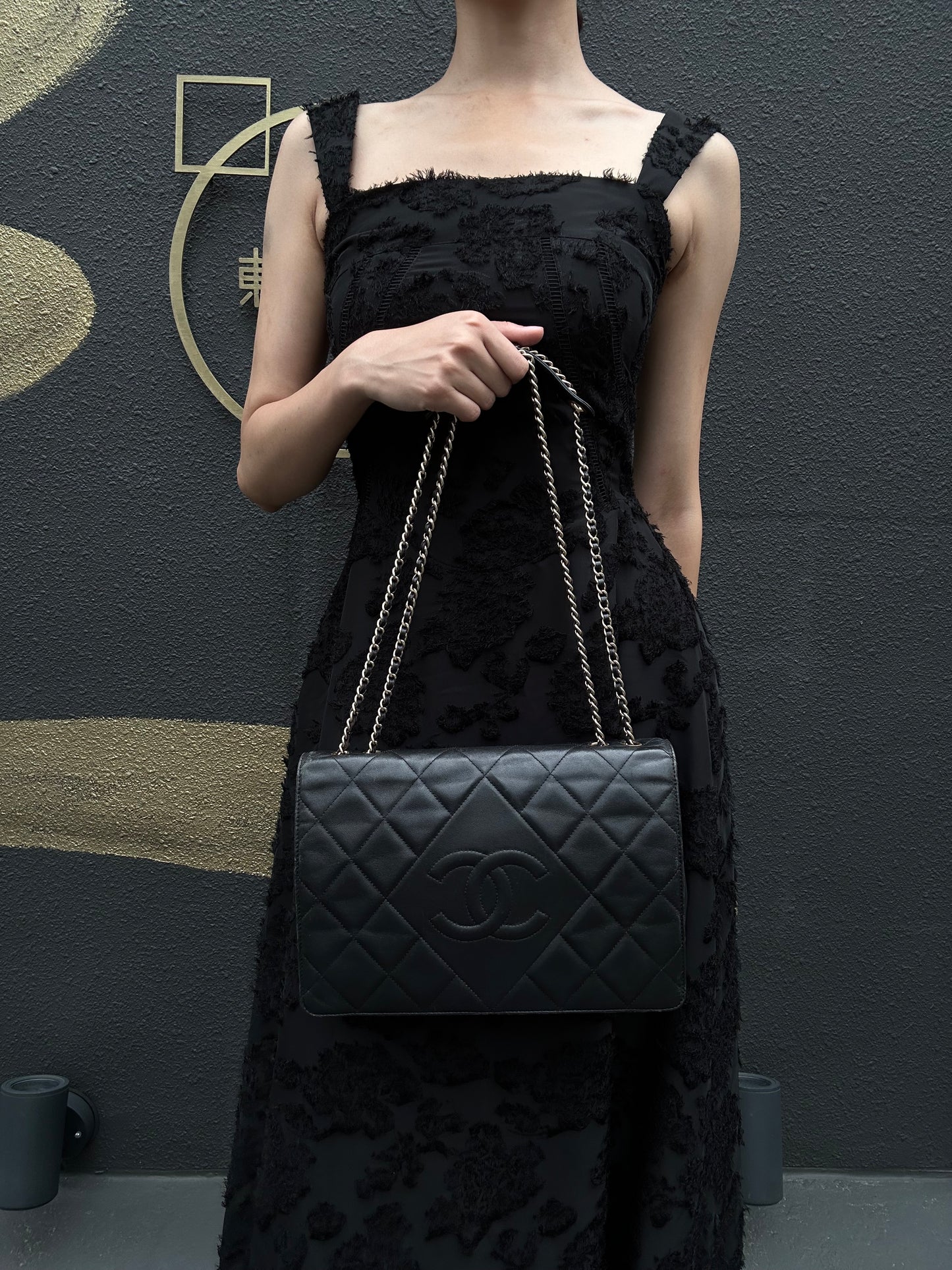 CHANEL Matelassé Chain Tote Shoulder Bag Lambskin Black Large Double CC Logo