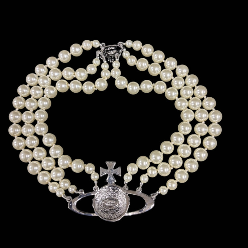 VIVIENNE WESTWOOD 3-Layer Pearl Full Crystal Inlaid Saturn Orb Choker Necklace With Silver Hardware