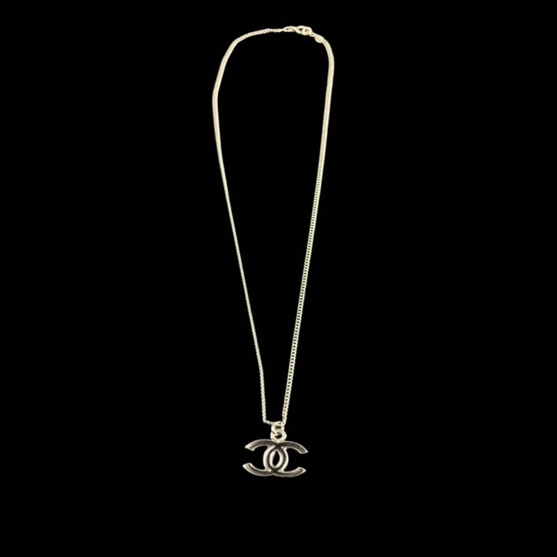CHANEL Coco Mark Pendant Necklace Black Silver Alloy Hardware