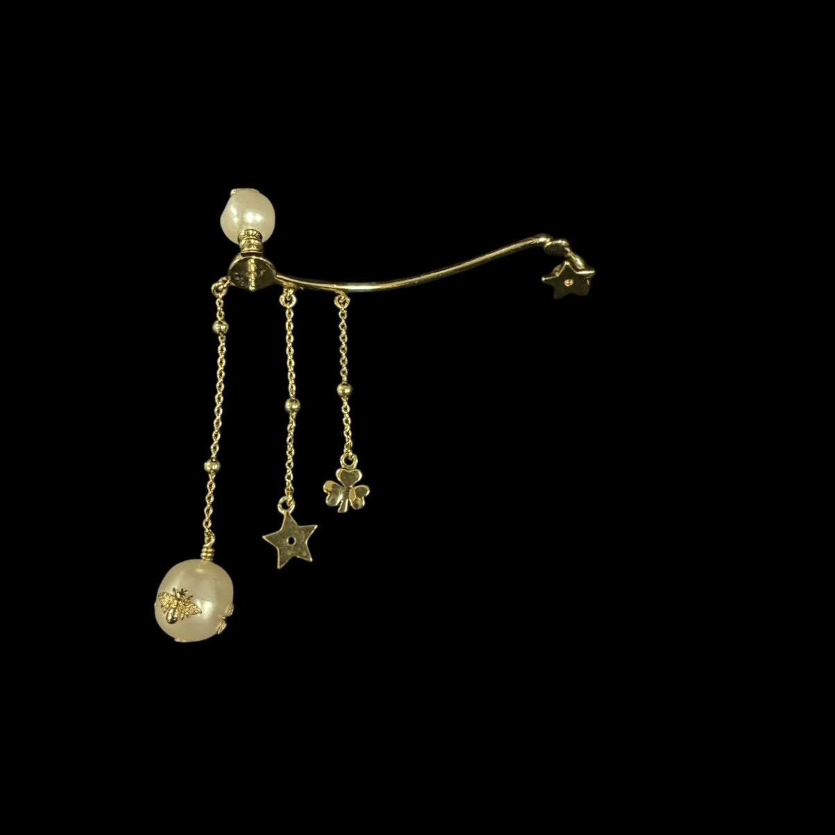 CHRISTIAN DIOR Single Earring Ear Cuff Faux Pearl Gold Metal Star Clover Tassel Charm Cute Elegant