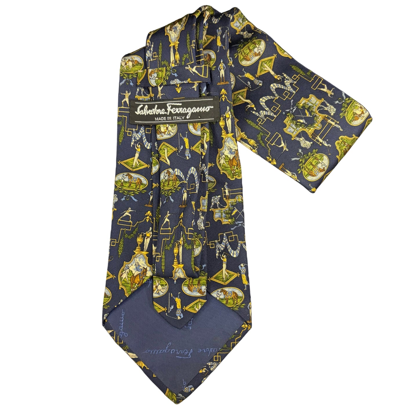 FERRAGAMO  Equestrian Print Silk Tie Navy Multicolor