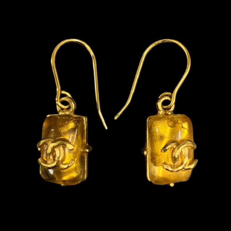 CHANEL earrings, brown stone, gold-tone alloy hardware