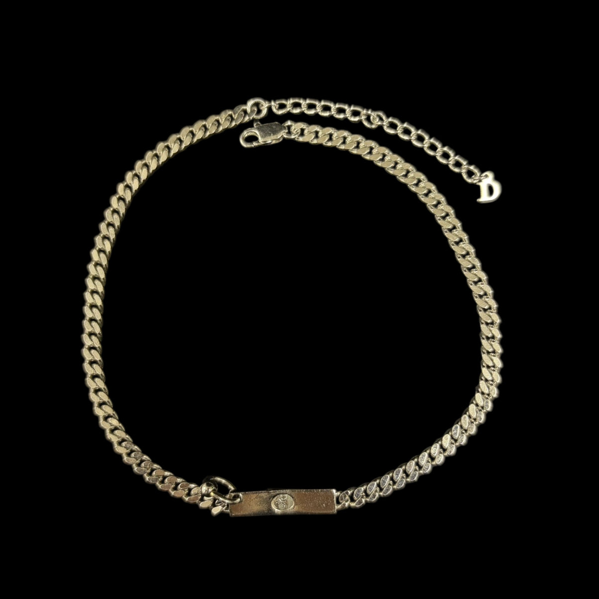 DIOR Silver Cuban Chain Embossed Logo Bar Necklace