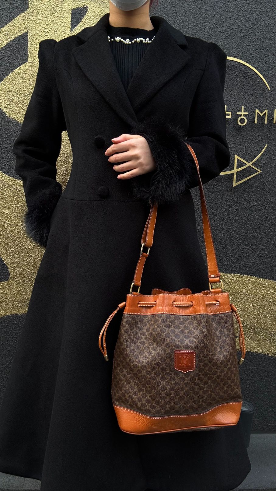 CELINE Macadam Drawstring Shoulder Bag, Brown, Gold Hardware, CELINE Monogram PVC Drawstring Bucket Shoulder Bag